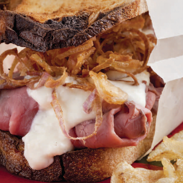 Roast Beef Sandwich with French Onion Dip and Crispy Shallots